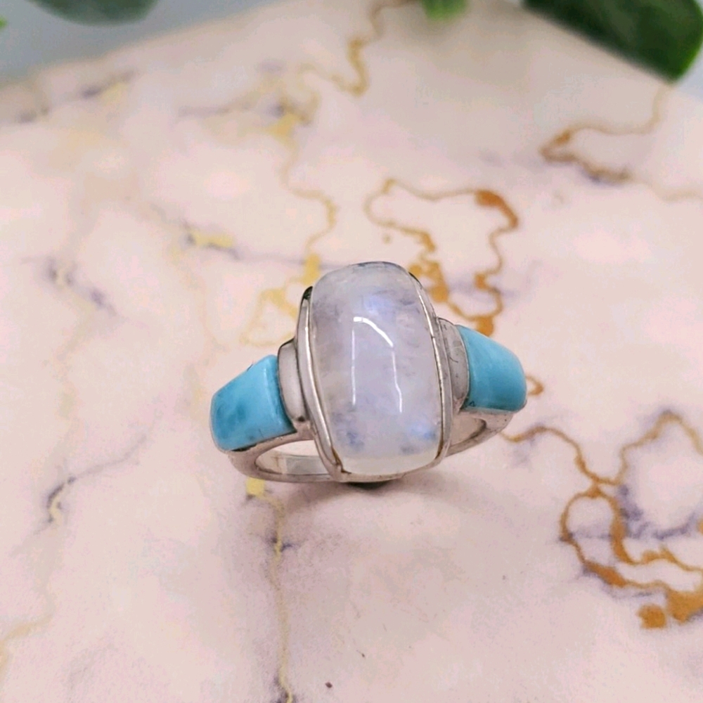 Sterling Silver Moonstone Larimar Ring. - image 1